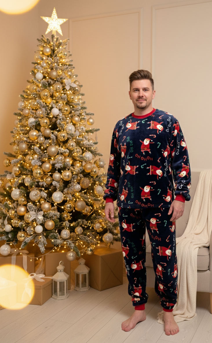Пижама мужская L теплая Велсофт Новогодняя Синяя-Красная (кофта + штаны) Santa COSY - фото 2