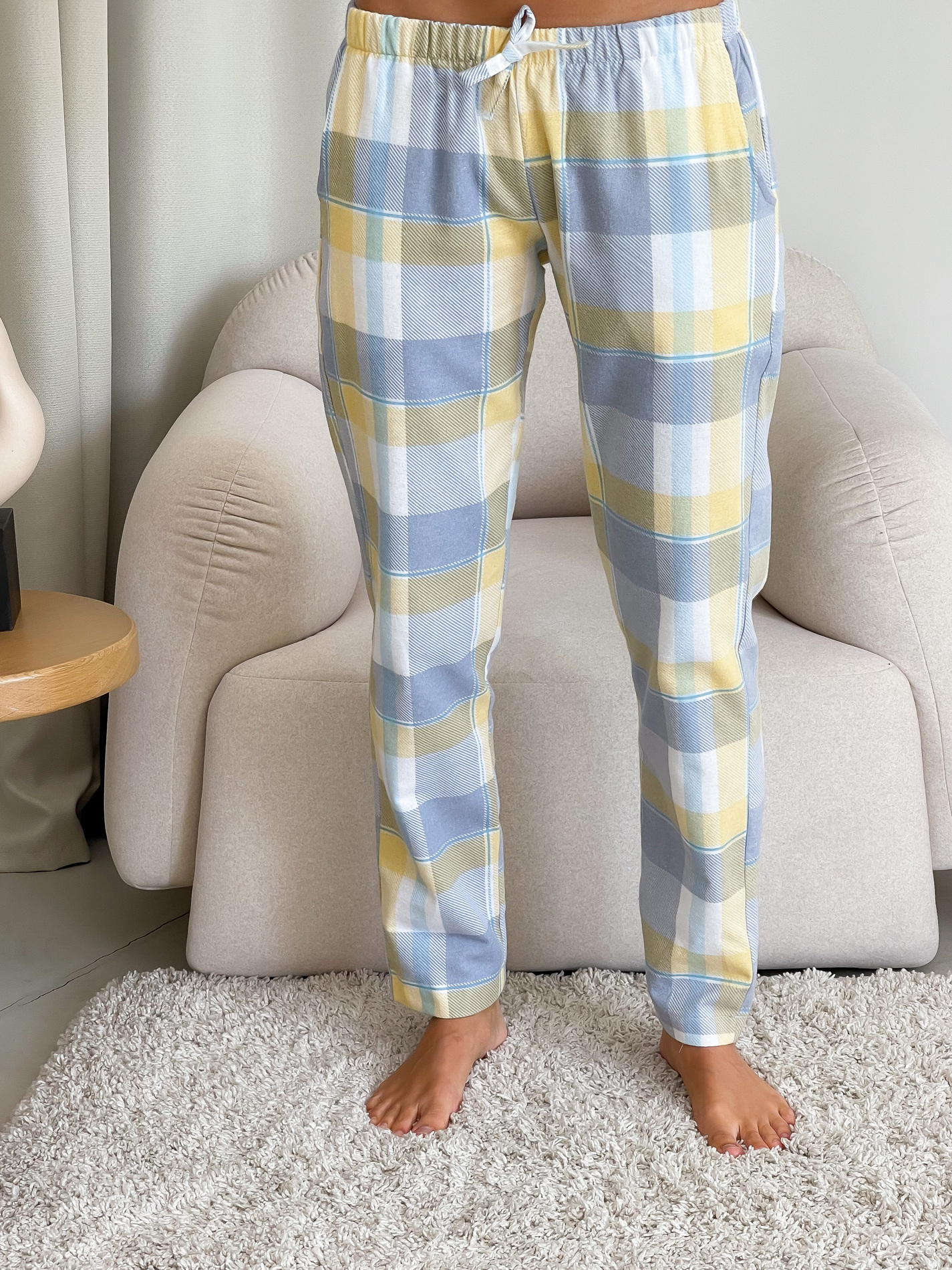 Пижама женская L в клеточку (рубашка + штаны) Желто-Серый COSY - фото 5