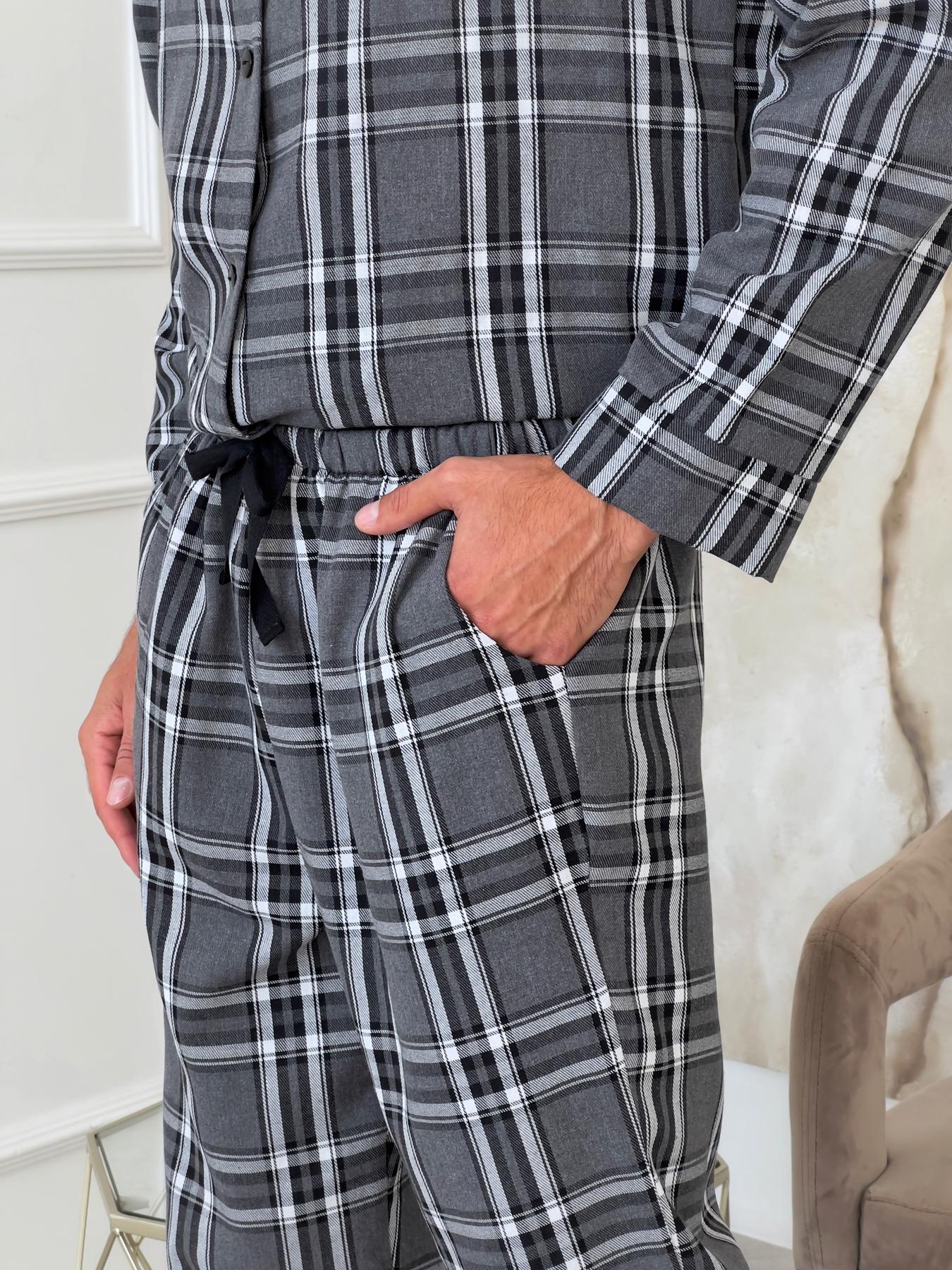 Пижама мужская XL фланель в клеточку (рубашка + штаны) Серо-Черная COSY - фото 7
