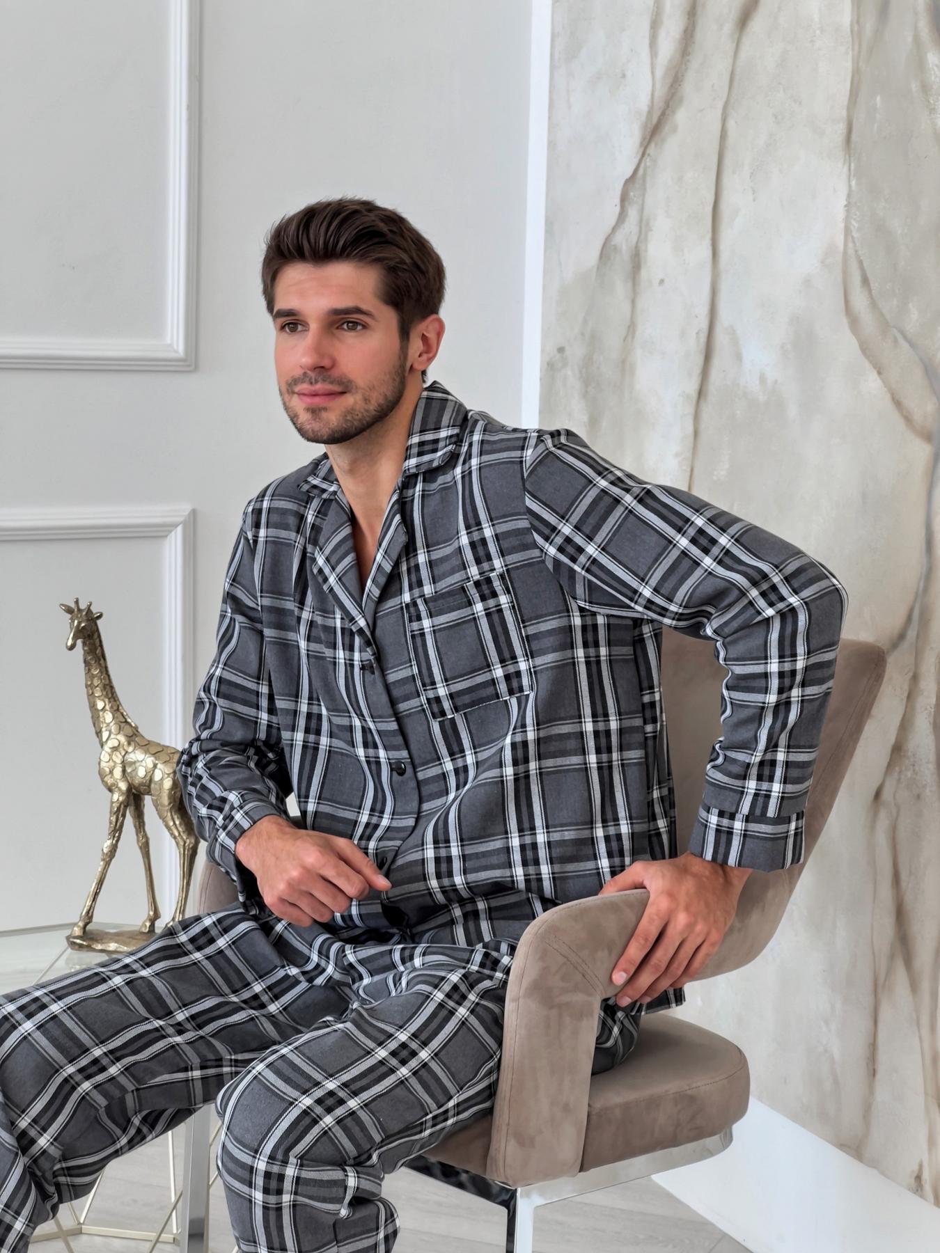Пижама мужская 3XL фланель в клеточку (рубашка + штаны) Серо-Черная COSY - фото 10