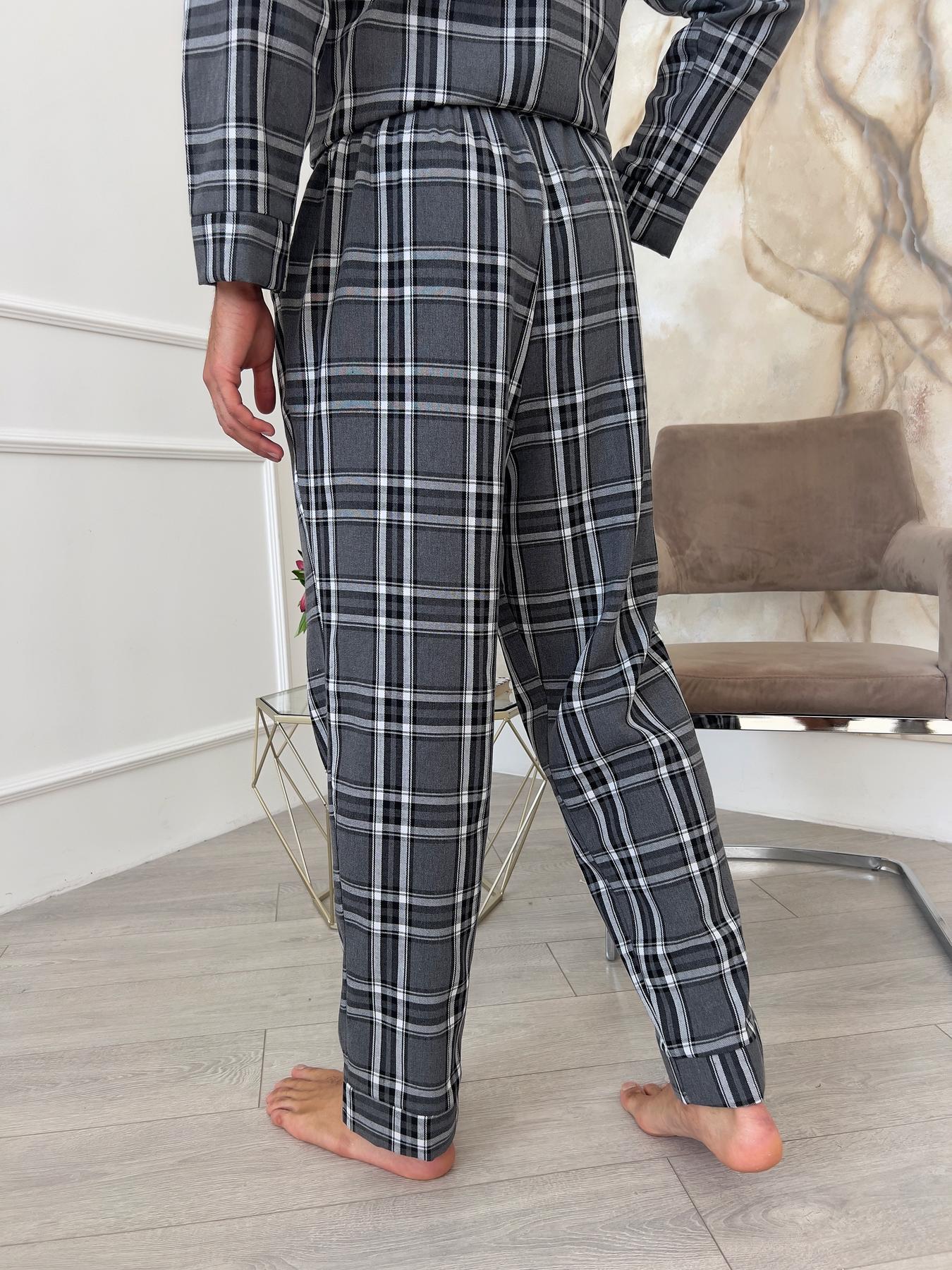 Пижама мужская 3XL фланель в клеточку (рубашка + штаны) Серо-Черная COSY - фото 6