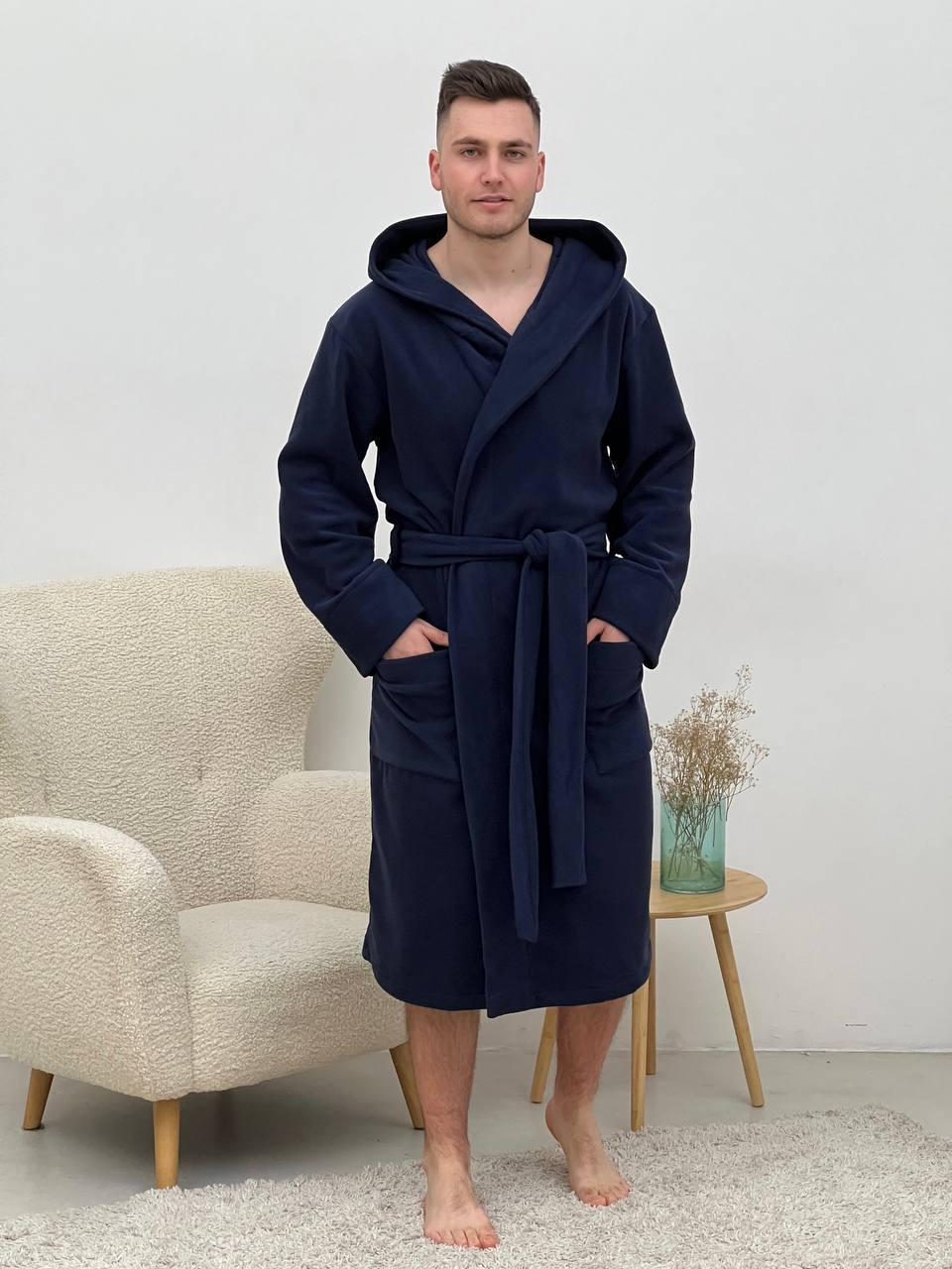 Халат мужской XL флисовый с Капюшоном Синий COSY