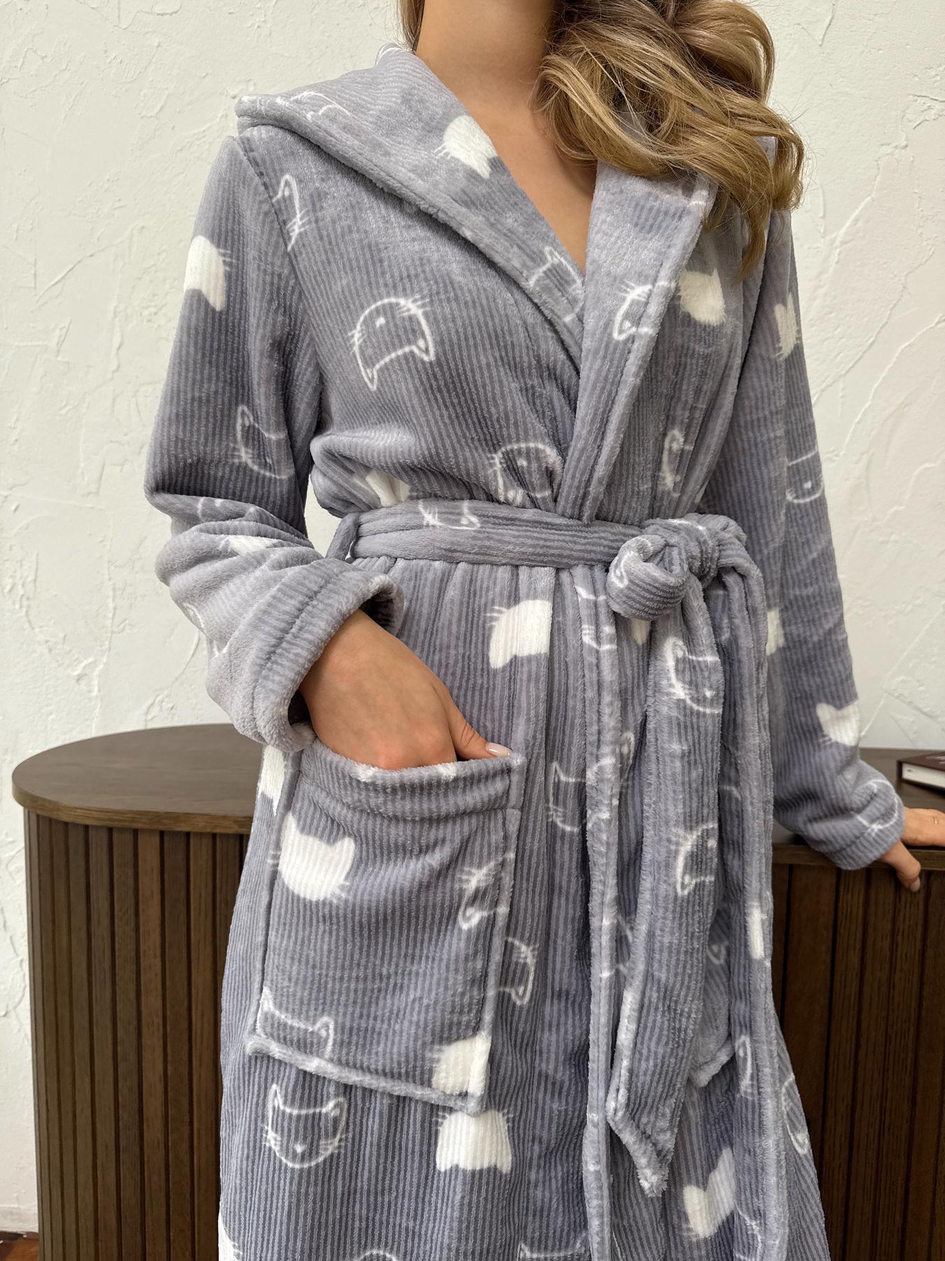 Халат женский 2XL-3XL велсофт с Капюшоном теплый Серый Котики COSY - фото 7