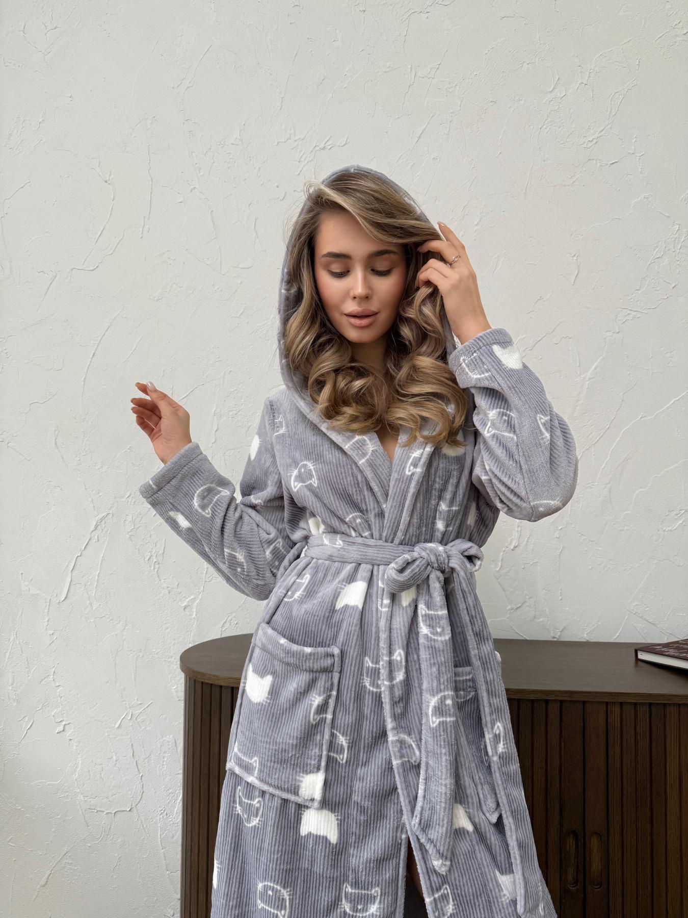 Халат женский 2XL-3XL велсофт с Капюшоном теплый Серый Котики COSY