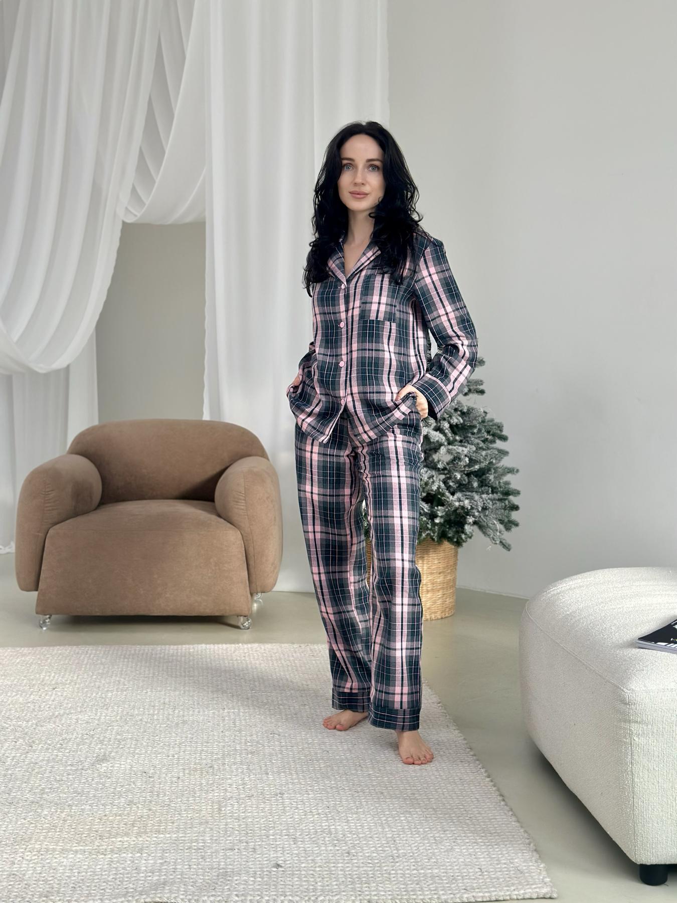 Пижама женская L в клеточку (рубашка + штаны) Розово-Серая COSY - фото 5