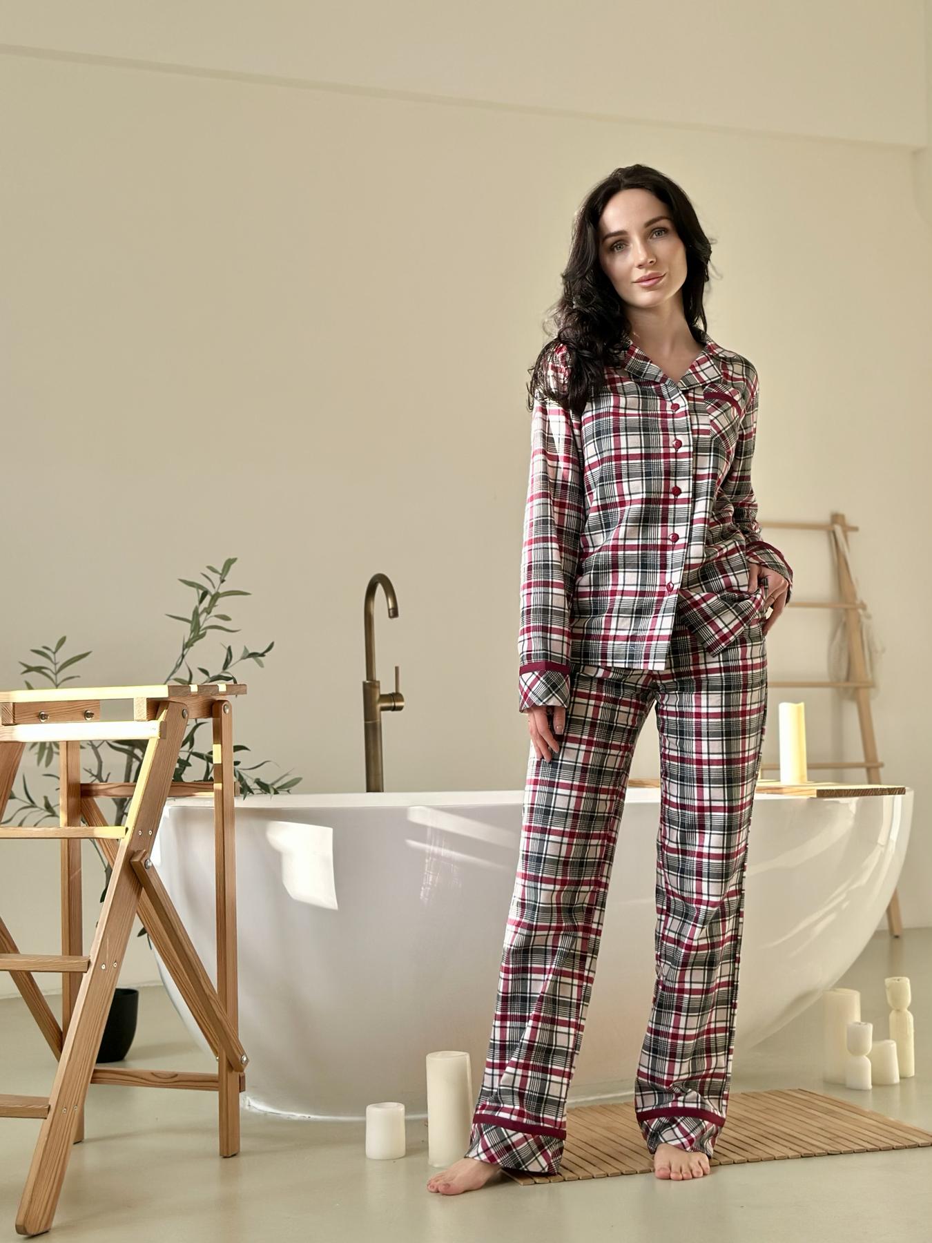 Пижама женская L в клеточку (рубашка + штаны) Бордово-Серая COSY - фото 9