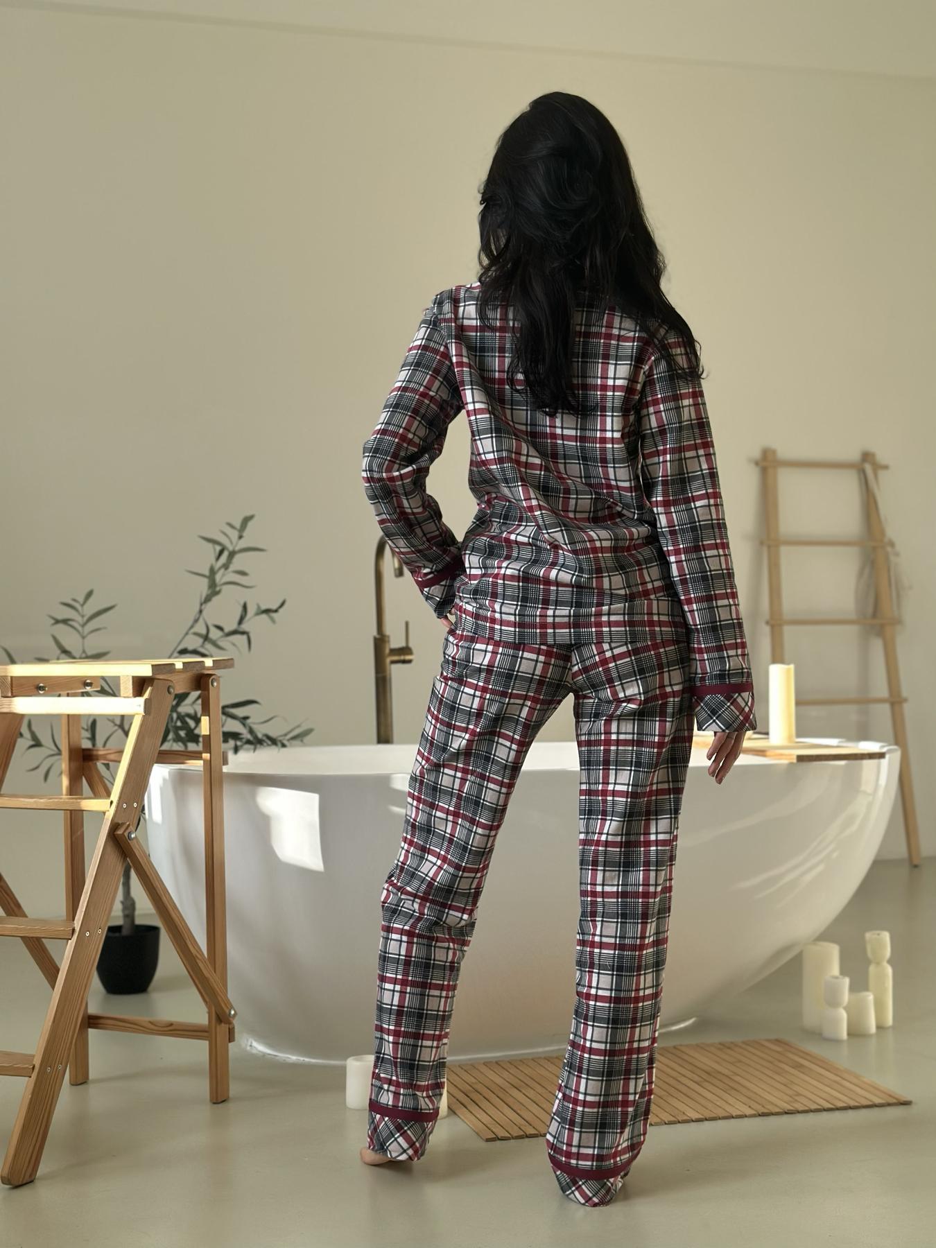 Пижама женская L в клеточку (рубашка + штаны) Бордово-Серая COSY - фото 8