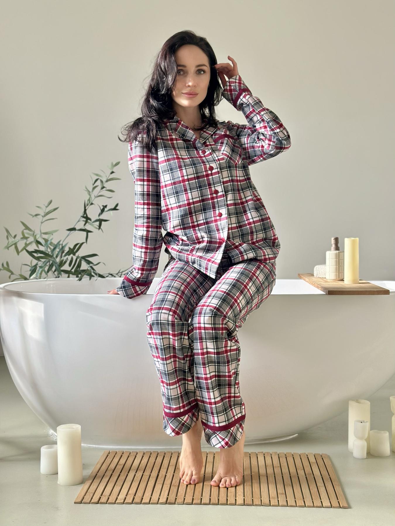 Пижама женская L в клеточку (рубашка + штаны) Бордово-Серая COSY - фото 5