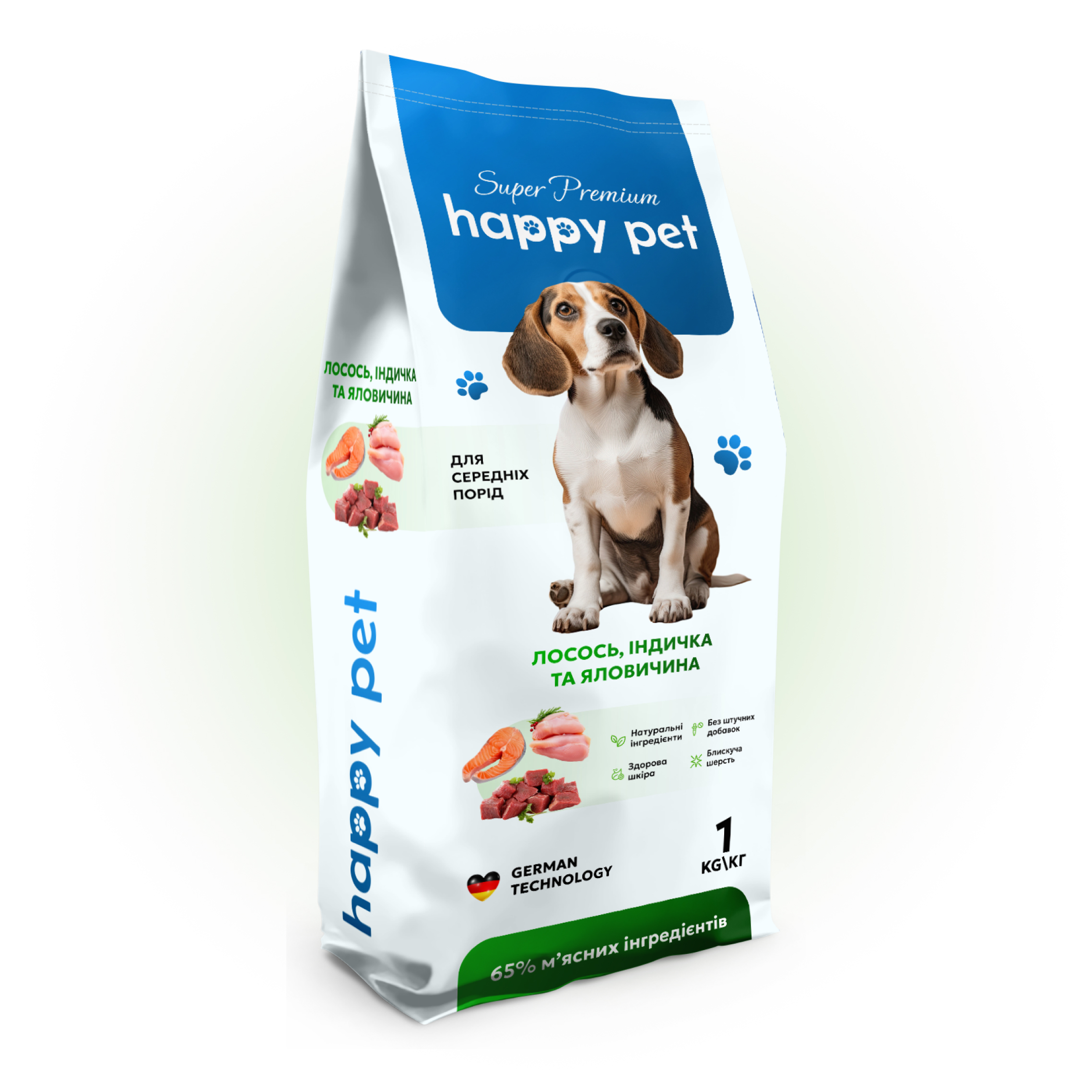 Сухой корм 1 кг для собак Средних пород с Индейкой, Говядиной, Лососем Happy Pet